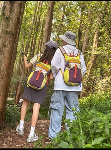 Sacs à dos de plein air au design color-block portés par un couple en forêt