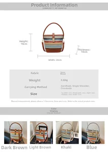 Detailed size chart for straw bucket bag showing dimensions and four color options