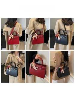 Detailed views of red and black leather handbags featuring silk scarves and metal clasps
