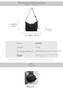 Detailed size chart showing dimensions 34x23x11cm and 0.32kg weight for this bucket bag