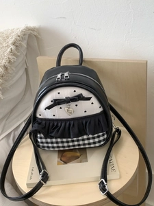 Sweet Lolita Mini Backpack For Women Heart Print Plaid Patchwork PU Leather Small Ruffle Bow Knot School Travel Bag