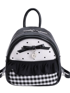 Fashionable black and white heart pattern backpack with bow and checkered detail
