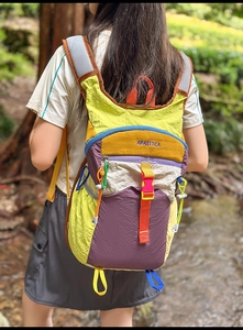Vue en extérieur du sac à dos de voyage coloré en nylon avec sangles et boucles réglables