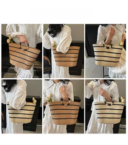 Collage of model wearing a striped straw tote bag with black round handles in various angles