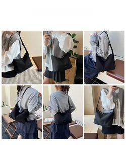 Multi-angle view of black nylon hobo bag on shoulder in a minimalist cafe setting