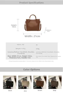 Detailed infographic of a textured crossbody bag with dimensions and color options