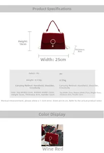 Size chart showing red bridal handbag dimensions 25x16x8cm with pearl chain detail