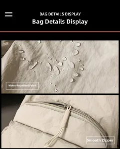 Detail of beige water-resistant fabric with droplets and smooth metal zipper on bag