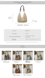 Detailed size guide and color options for the woven straw tote bag with wooden bead handle
