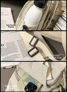 Detail of crossbody bag with drawstring side pocket and adjustable shoulder strap