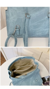Detail of light blue crossbody bag featuring magnetic closure and inner zipper pocket