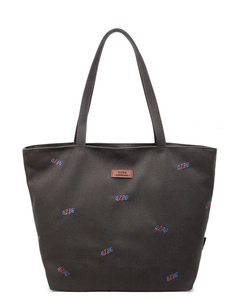 Large dark grey canvas tote bag with QZBG embroidery and brown leather patch