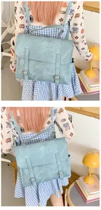 Detail of light blue vintage satchel backpack showing dual buckle straps and soft leather texture