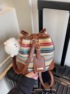Women Hand Woven Straw Bucket Bag PU Leather Stitching Casual Vacation Shoulder Crossbody Bag With Plush Charm