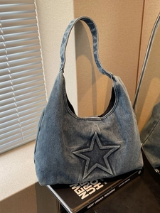 Vintage Denim Star Embossed Shoulder Bag For Women Large Capacity Casual Hobo Tote Washable Denim Streetwear Commuter Bag