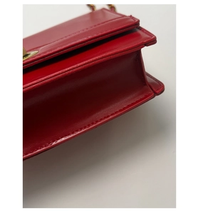 Detail of red leather bag showing fine grain texture and gold chain link strap