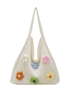 Large capacity knitted tote bag with colorful 3D floral crochet accents in cream white