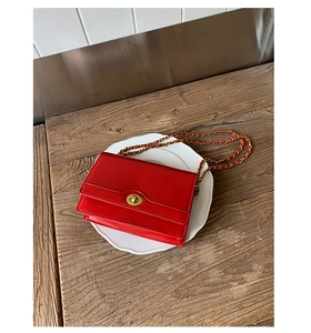 Detail of red square crossbody bag with gold chain strap on white ceramic plate