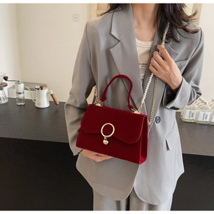 Macro shot of dark red velvet handbag with golden metal buckle and pearl chain detail