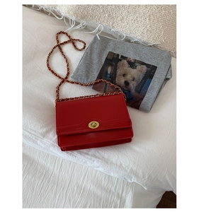 Detail of red square crossbody bag featuring gold chain strap and metal swivel lock closure