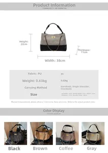 Detailed size specifications and color options for the large quilted chain tote bag