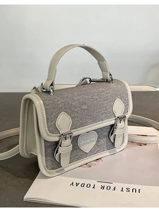 Vintage Denim Patchwork Crossbody Bag For Women Small Square Handbag Heart Decor Fashion PU Leather Trim Shoulder Bag