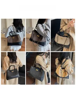 Collage of quilted tote bag in multiple colors with chain strap and twist-lock detail