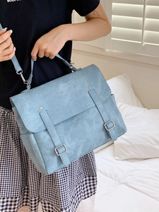 Retro light blue high-capacity satchel bag with buckle straps and adjustable strap