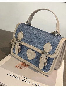 Fashionable denim small square crossbody bag with heart detail and white leather trim