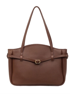 Brown lychee leather tote bag with metal buckle detail and dual straps on white background