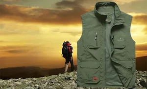 Men's outdoor utility vest featuring multi-pockets and mountain graphic embroidery