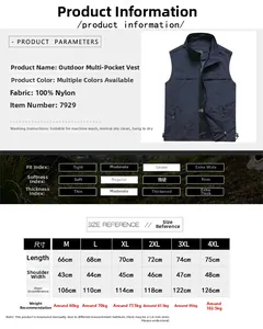 Size chart and fabric details for men outdoor multi-pocket fishing vest in blue nylon