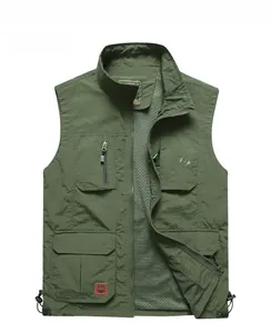 Detail of army green outdoor vest showing multi-pocket design and breathable mesh lining