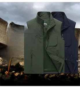 Detail of outdoor multi-pocket fishing vests with breathable mesh lining in navy and green