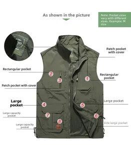 Detail view of military green fishing vest showing eight functional storage pockets