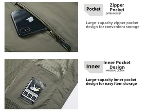 Detail of army green outdoor vest featuring zipper pockets and breathable mesh lining