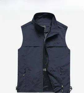 Detailed close-up of navy blue outdoor vest featuring functional multi-pockets and mesh lining