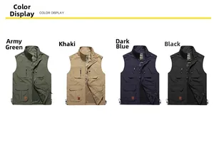 Front view of multi-pocket outdoor utility vests in green, khaki, blue, and black colors