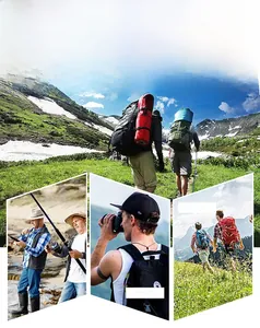 Detail view of durable multi-pocket outdoor vest and professional trekking backpack