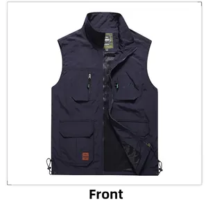 Detail of dark blue waterproof outdoor vest featuring breathable mesh lining and pockets