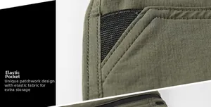 Detailed view of army green outdoor shorts featuring durable stitching and elastic mesh pockets