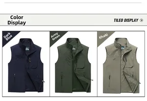 Three-color display of outdoor vest with multiple pockets in blue, green and khaki