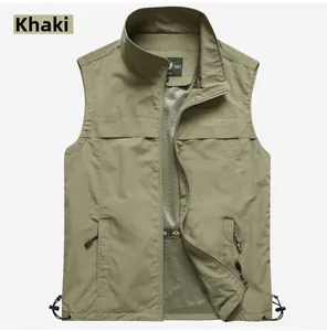Detail of khaki outdoor vest showing stand collar, zipper pockets, and breathable mesh lining