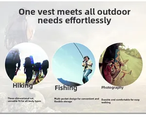Detail of multi-pocket outdoor vest with ergonomic cut for fishing and photography
