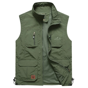 Men's outdoor green multi-pocket vest with mesh lining and adjustable hem detail