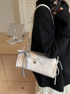 Women Stylish Gingham Bowknot Shoulder Bag Delicate Lace Heart Pendant Large Capacity Underarm Bag Korean Fashion PU Handbag