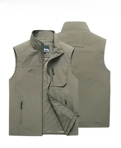 Detail view of khaki outdoor vest showing mesh lining and embroidery on front and back