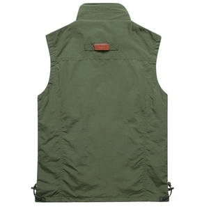 Army green quick-dry men fishing vest back view with classic leather patch