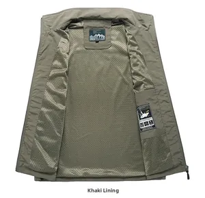 Macro shot of khaki utility vest interior showing breathable mesh lining and inner pocket