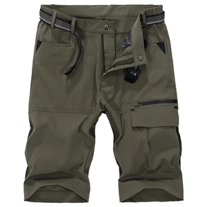 Army green men's quick-dry outdoor cargo shorts with elastic waist and woven belt